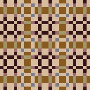 May include: A repeating geometric pattern featuring a grid of intersecting lines and squares in shades of beige, dark brown, olive green, muted purple, and light blue. The design consists of uniform blocks arranged in a structured, symmetrical layout.