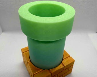 Maceta de tubería verde que brilla en la oscuridad / Base de ladrillo pixelado / Maceta para suculentas / Maceta para plantas gamers / Maceta de escritorio