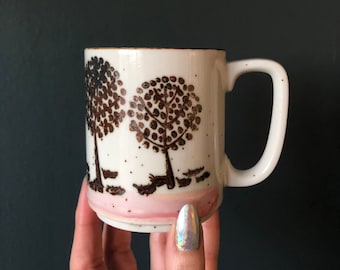 Vintage Japanese Stoneware Mug / Hand Painted Tree Motif / Speckled Glaze / Tree Mug