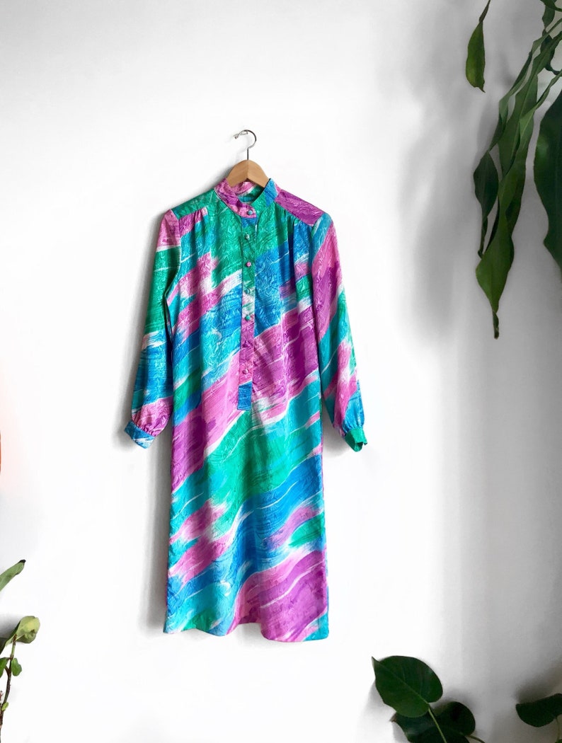 Vintage Shimmery Rainbow Dress / Mod Colorful Tunic Dress / Colorful Midi Dress image 1
