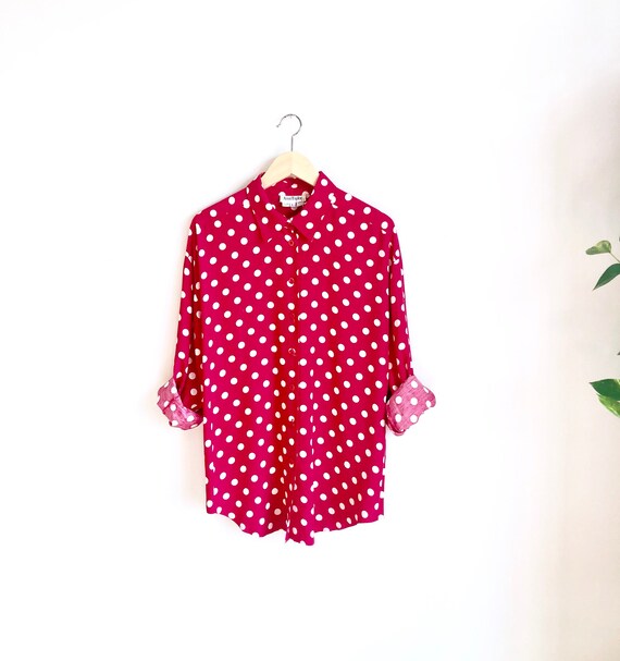 Polka Dot Vintage Button Down Blouse / 80s Retro Dot Shirt / Statement Blouse