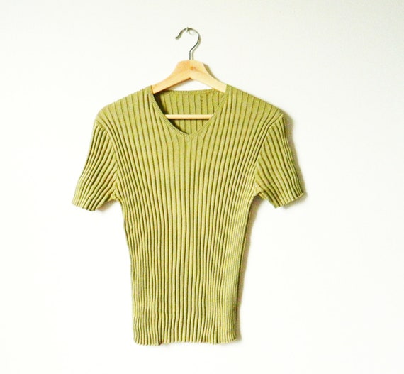 90s Sage Rib Knit Tee / Fitted Ribbed Sweater in Army Green / 90s Grunge Basic Knit Tee