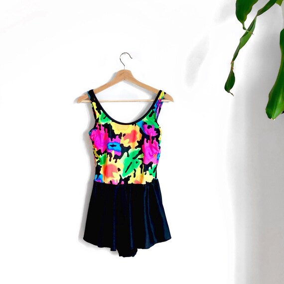 Vintage Neon Floral One Piece Swimsuit / 80s Neon