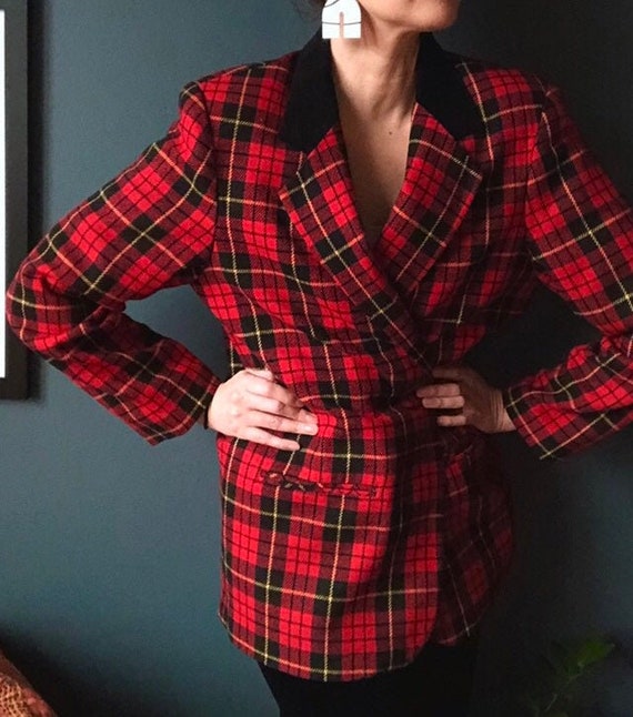 Velvet Collared Plaid Blazer / Vintage Wool Jacket