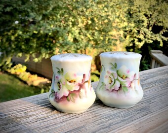 Puede incluir: Un par de saleros y pimenteros vintage con un diseño floral. Los saleros son blancos con un fondo azul claro y presentan flores rosas y amarillas pintadas a mano.