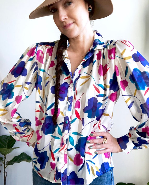 Statement Floral Blouse / Sheer Striped Vintage To