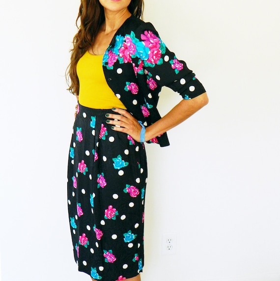 Pure Silk Vintage Polka Dot Skirt and Jacket / Vin