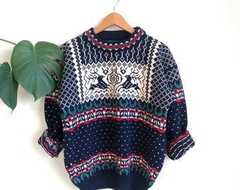 Vintage Norwegian Wool Fair Isle Sweater / Lands End Wool Pullover Sweater / Scandinavian Fair Isle Sweater/ Made in Norway