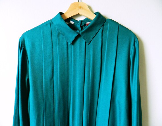 Vintage Teal Tuxedo Front Shirt / Billowy Pleated Blouse / | Etsy