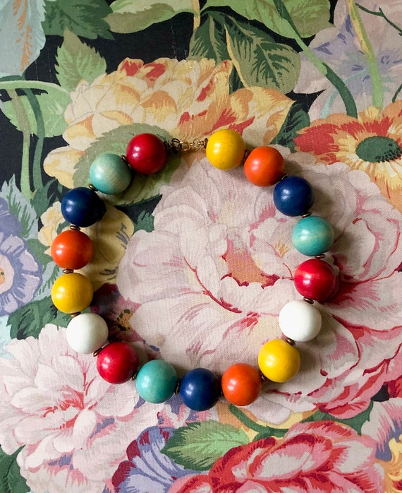 1970’s Colorful Statement Necklace / Wooden Bead R