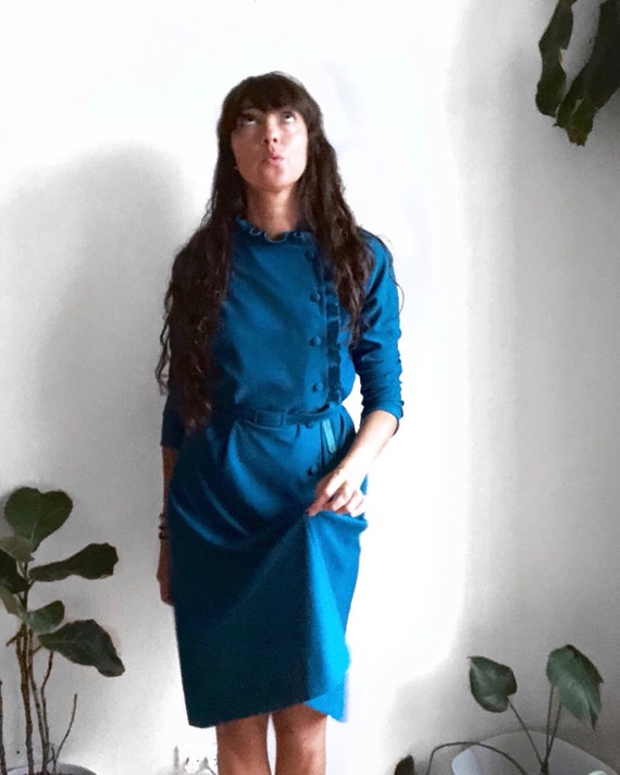 Royal Blue 1960s Ruffle Dress / Vintage Sheath Dre
