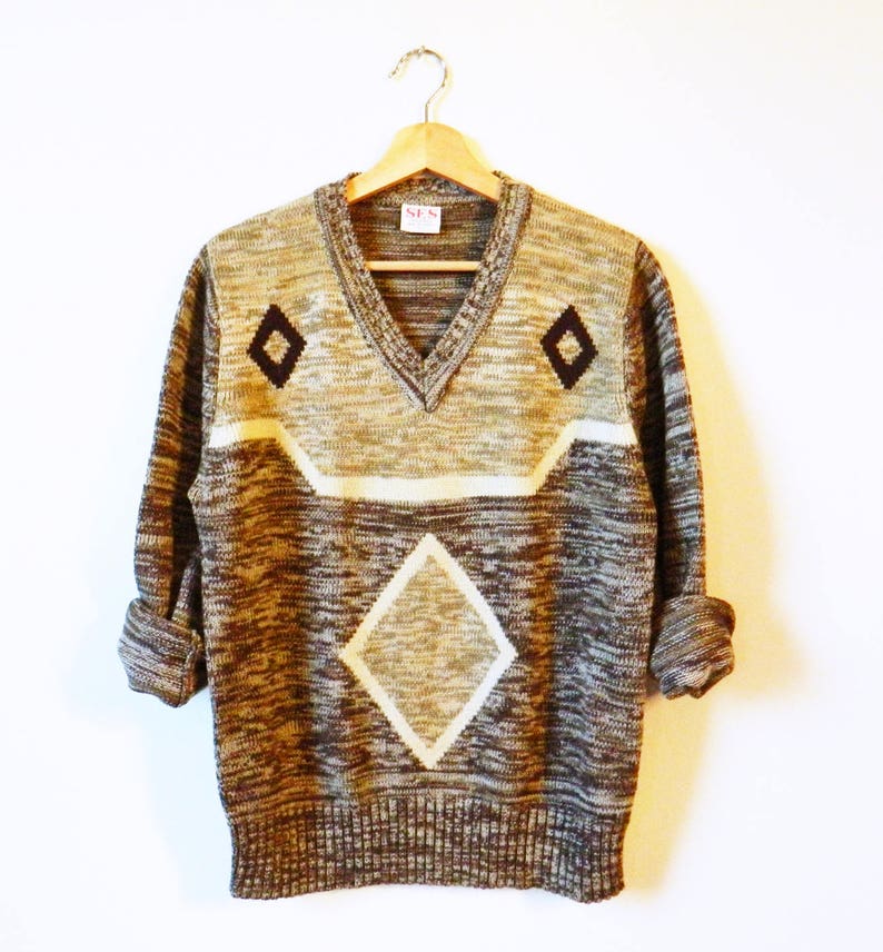 Diamond Knit Pullover Sweater 70s Aztec V-Neck Sweater Vintage Diamond Sweater