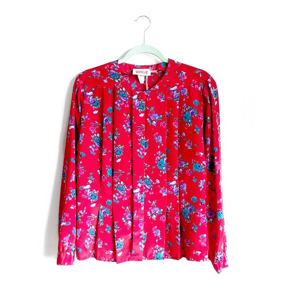 unique vintage piece sheer blue red orange green Bold floral vintage ls blouse spring trends