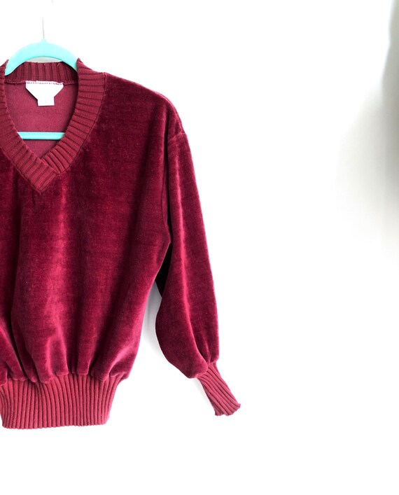 Burgundy Velour Knit Sweater / 70s Retro Pullover