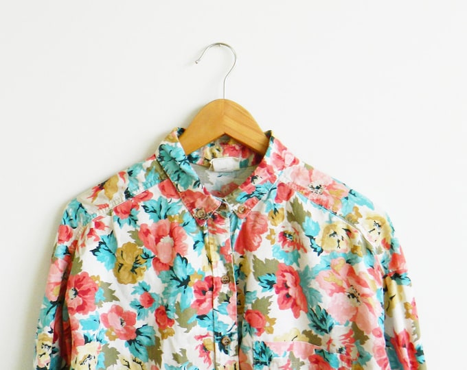 Vintage Turquoise Spring Floral Button Down Shirt