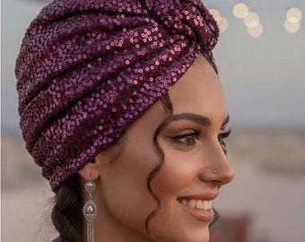 Plum Sequin Turban Headpiece | Art Deco Bridal Hair Wrap, Roaring 20s Fascinator