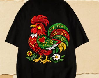 Modern Galo de Barcelos Folk Art T-Shirt - Vibrant Rooster Graphic Tee