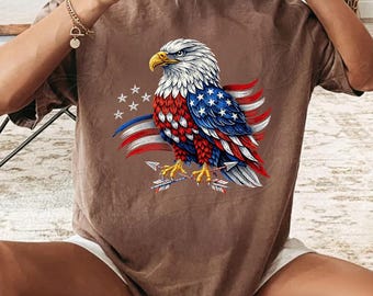 Patriotic Bald Eagle Long Sleeve Crop Top | USA Flag Print, Eco-Friendly Shirt
