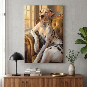 Stampa su tela di un dalmata, sofisticata opera d'arte murale con cane, ritratto di cane con perle, decorazione per amanti degli animali, elegante arte per animali domestici, lussuosa opera d'arte con cane per la casa