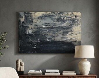Dark Moody Abstract Canvas Print, Black And Grey Wall Art, Modern Industrial Texture Print, Minimalist Grunge Decor, Large Horizontal Art