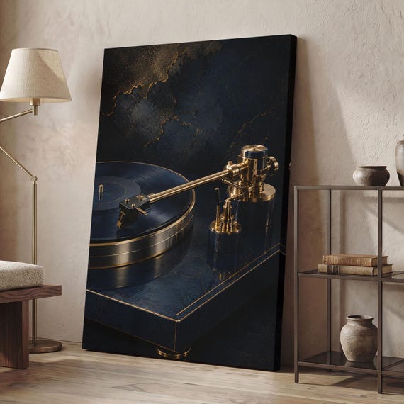Turntable Canvas Print, Audiophile Wall Art, Luxury Record Player Decor, Gold And Navy Blue Music Art, Office Wall Decor, Vintage Audio