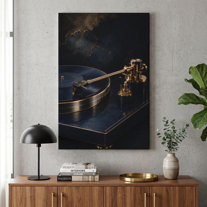 Tableau sur toile style platine vinyle, décoration murale audiophile, platine vinyle de luxe, art musical or et bleu marine, décoration murale de bureau, style vintage image 4