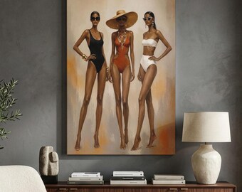 Vintage Fashion Women Canvas Print, Chic Retro Beach Wall Art, Neutral Black Woman Art, Summer Resort Decor, Glam Bedroom Wall Decor