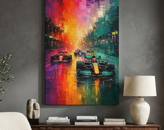 Impression sur toile formule 1, oeuvre d'art murale colorée de voiture de course, décoration F1 abstraite moderne, affiche de piste dynamique, oeuvre d'art de bureau, passionné de vitesse