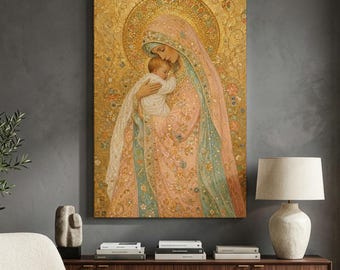 May include: A rectangular wall art print featuring a golden-toned illustration of a figure in a pink and teal robe holding a small child. The artwork is adorned with intricate floral patterns and a large circular halo, set against a textured gold background.
