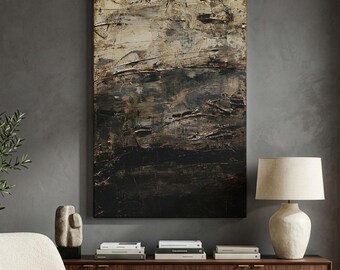 Dark Textured Abstract Canvas Print, Moody Earth Tone Wall Art, Modern Rustic Industrial Decor, Wabi Sabi Black Brown Large Artwork