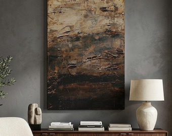 Dark Moody Abstract Canvas Print, Rustic Earthy Brown Wall Art, Textured Tan Grunge Artwork, Large Neutral Industrial Wall Decor