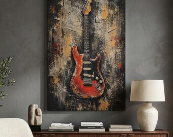 Impression sur toile guitare électrique, art mural musique rock en détresse, décoration industrielle vintage, art pour salle de musique grunge, cadeau pour amateur de guitare rustique