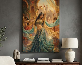 Belly Dancer Canvas Print, Exotic Arabian Night Decor, Indian Princess Wall Art, Boho Woman Dancing Poster, Middle Eastern Palace Home Art