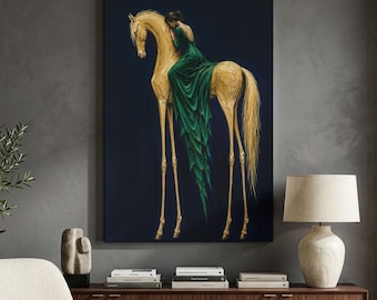 Woman And Horse Canvas Print, Surreal Wall Art, Dark Moody Decor, Gold Horse Print, Elegant Home Decor, Dreamy Equestrian Wall Decor