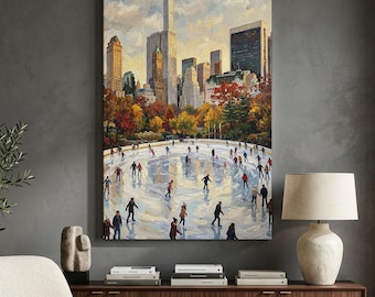 City Ice Skating Canvas Print, Central Park Wall Art, Autumn Skyline Decor, Winter Cityscape Artwork, Cozy Urban Living Room Wall Hanging