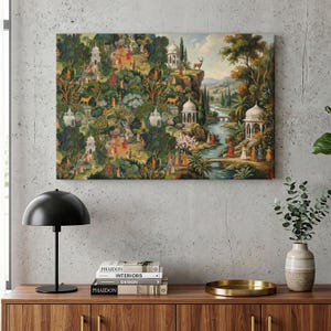 May include: A rectangular wall art print featuring a dense, lush forest landscape with multiple white domed pavilions, winding paths, and numerous small figures in colorful clothing. A river flows through the scene, with a deer standing on a cliff.
