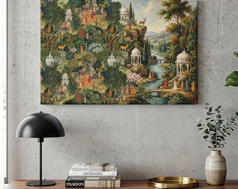 Indian Miniature Canvas Print, Mughal Style Art, Traditional Folk Wall Art, Persian Garden Decor, Vintage Oriental Landscape, Zen Mural