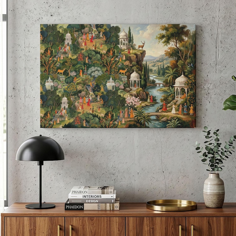 May include: A rectangular wall art print featuring a dense, lush forest landscape with multiple white domed pavilions, winding paths, and numerous small figures in colorful clothing. A river flows through the scene, with a deer standing on a cliff.