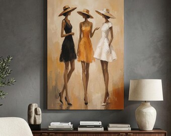 Fashion Women Canvas Print, Elegant Chic Ladies Wall Art, Neutral Beige Glam Room Decor, Modern Fashionista Artwork for Bedroom