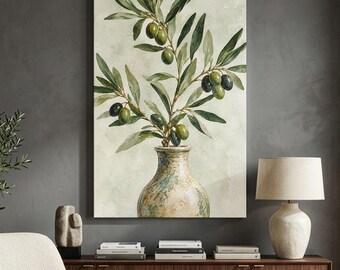 Olive Branch Canvas Print, Botanical Wall Art, Rustic Olive Tree in Vase, Farmhouse Kitchen Decor, Mediterranean Sage Green Botanical Art