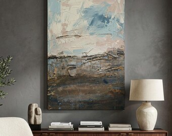 Abstract Landscape Canvas Print, Textured Earthy Wall Art, Modern Blue Brown Horizon Artwork, Neutral Minimalist Living Room Decor
