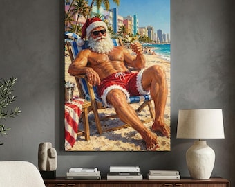 Tropical Santa Canvas Print, Funny Beach Christmas Wall Art, Coastal Holiday Decor, Summer Santa Bar Cart Art, Man Cave Holiday Print