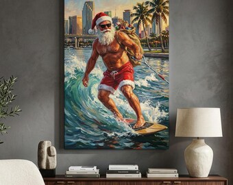 Surfing Santa Canvas Print, Tropical Christmas Wall Art, Funny Beach Holiday Decor, Coastal Florida Santa Art, Summer Christmas Gift