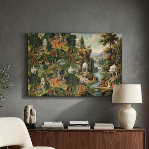 May include: A rectangular wall art print featuring a dense, lush landscape with numerous small figures in colorful traditional attire, white domed pavilions, winding rivers, and various animals including deer, all set within a vibrant forest scene.