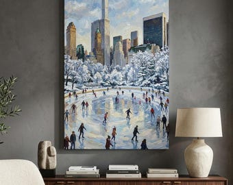 Central Park Ice Skating Canvas Print, NYC Skyline Winter Wall Art, Snowy Cityscape Decor, Winter Wonderland Artwork, Cozy Living Room Art