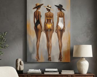 Three Women Swimsuit Canvas Print, Chic Summer Fashion Wall Art, Glam Beach Girls Decor, Modern Neutral Resort Vacation Wall Decor