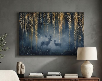 Deer Forest Wall Art, Gold Willow Canvas Print, Moody Dark Forest Decor, Whimsical Woodland Landscape, Enchanted Nature Wildlife Art
