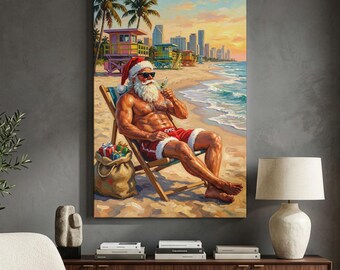 Beach Santa Canvas Print, Funny Tropical Christmas Wall Art, Miami Coastal Holiday Decor, Summer Santa Martini Art, Festive Canvas Decor