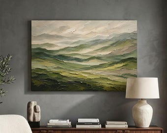 Lienzo impreso con paisaje verde salvia, arte mural de montaña en tonos neutros, decoración abstracta de colinas, arte de la naturaleza en tonos tierra, impresión minimalista moderna.