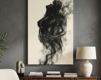 May include: A rectangular wall art print featuring a black ink or charcoal illustration of two figures embracing, with their forms dissolving into swirling smoke patterns against a solid off-white background, presented in a vertical orientation.